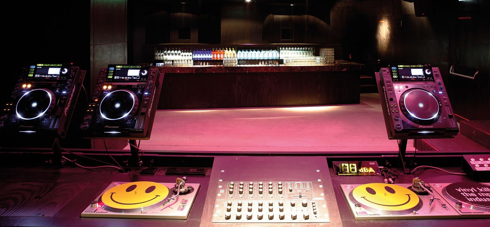 DJ booth with turntables
